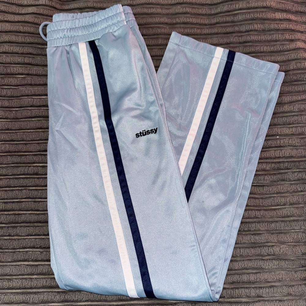 Stussy Sky Blue Track Pants with Navy Accents